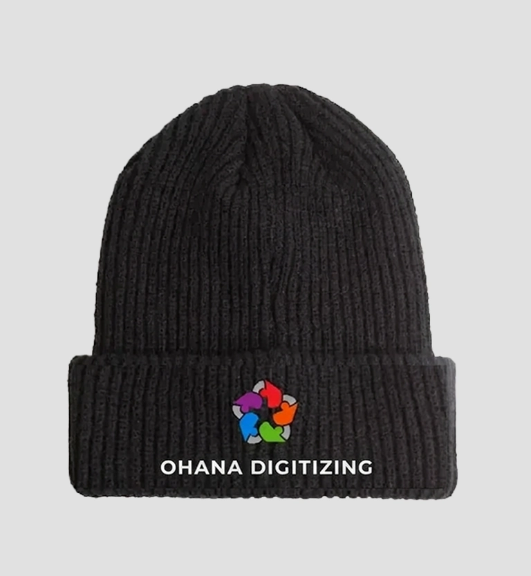 A beanie hat with Ohana Digitizing logo