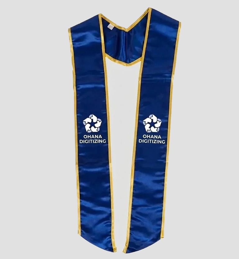 Embroidered sash with text and designs