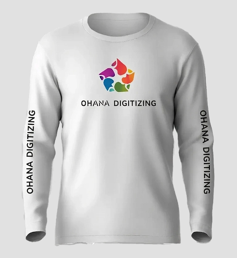 Embroidered sleeves on a garment with logo in front